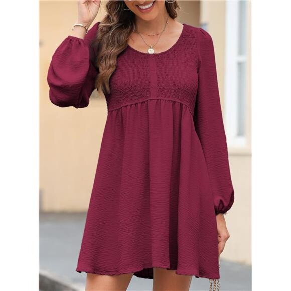 Womens 2025 Casual Dress Smocked Crewneck Button Up Long Sleeve Empire Rose - Picture 4 of 5